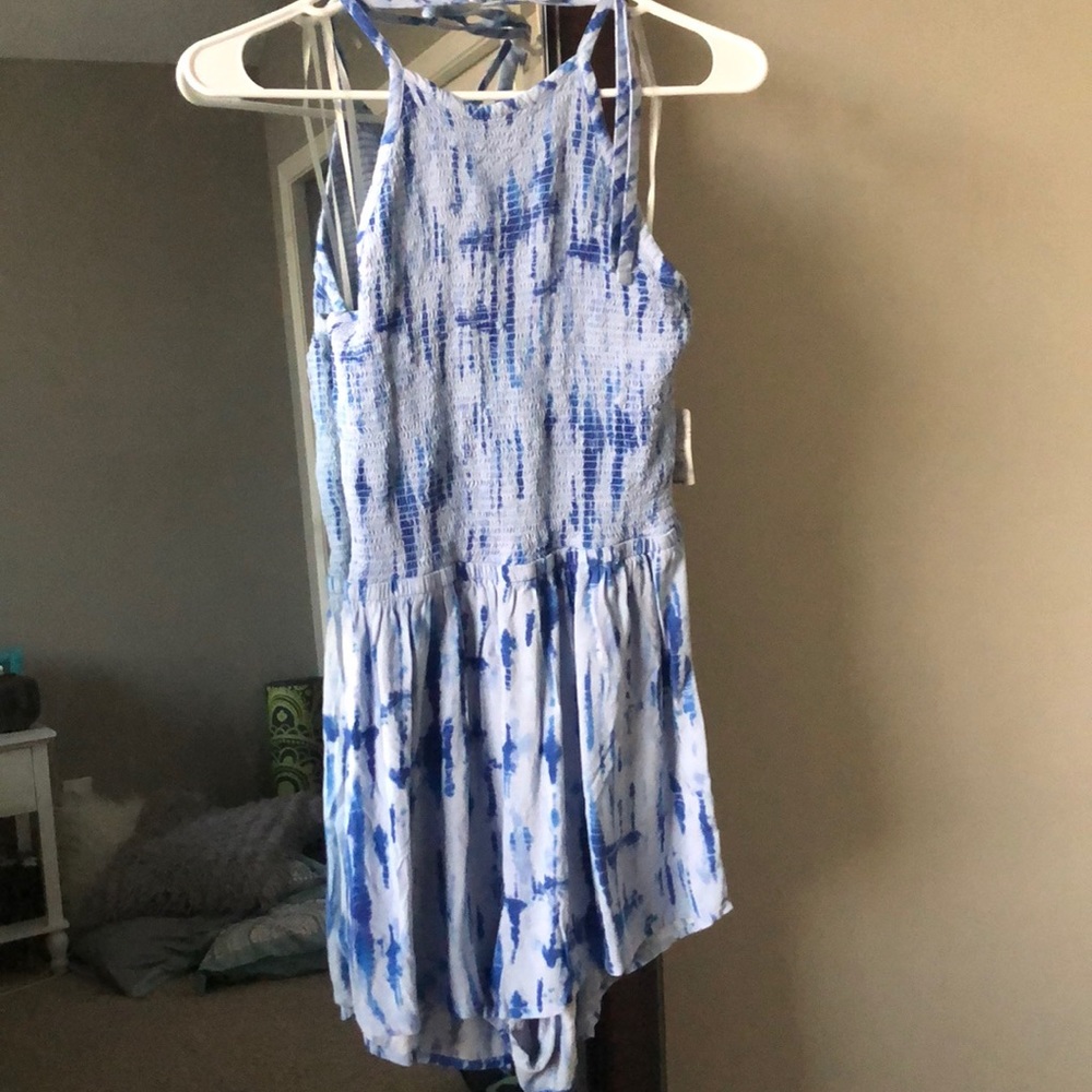 Blue high neck backless romper